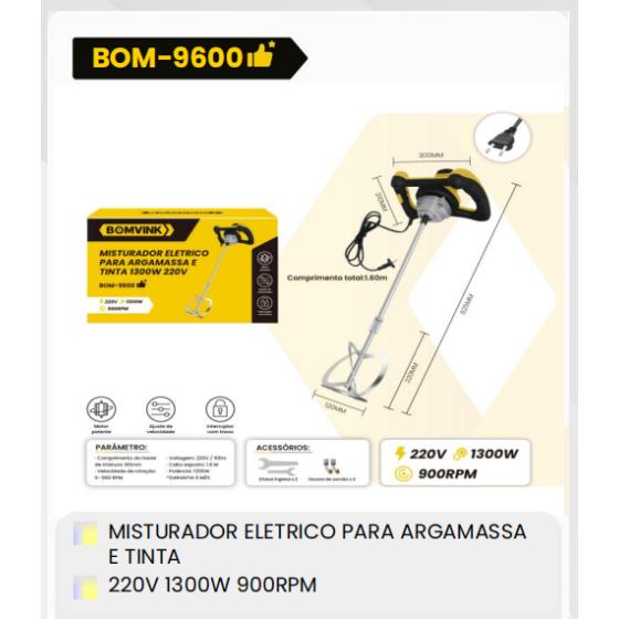 1箱用于砂浆和涂料的电动混合器
220V1300W 900转/分钟（1箱=4PCS）
