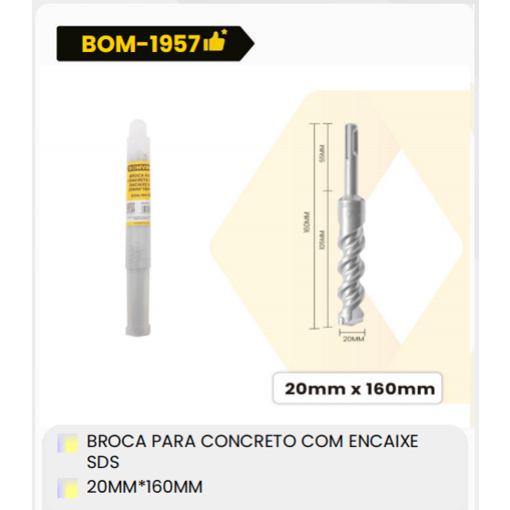 1箱带SDS接口的混凝土钻头
20毫米X160毫米（1箱=150PCS）