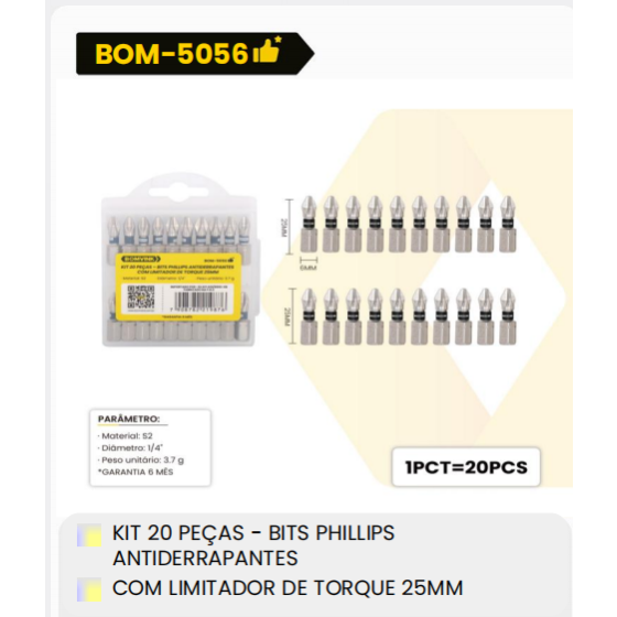 1箱防滑的
20件套-菲利普斯批头
带25毫米扭矩限制器（1箱=120PCS）